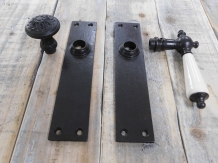 Set of door hardware - antique iron - knob and lock with door plates - front door