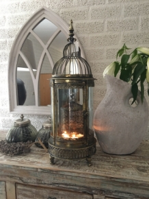 Beautiful metal lantern with separate fire hood and cut glass.