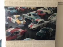 Wanddecoratie kunst op glas, Full color oldtimer & Porsche, zeer fraai!!