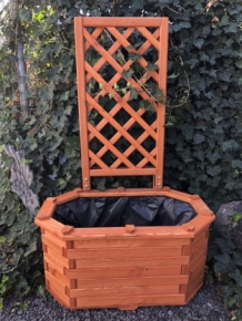 Bloembak, plantenbak, van massief hout met prachtig bewerkte pergola