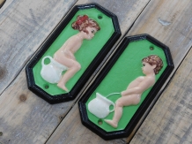 Set of signs for toilet door, cast iron painted, Man +Woman.