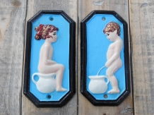 Set of signs for toilet door, cast iron painted, Man Woman