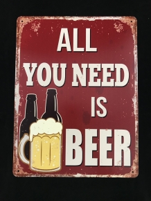 Bordje met de tekst: 'ALL YOU NEED IS BEER', mooie sign!