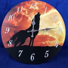 Wooden clock with image of a wolf.