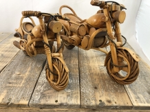 Set of handmade wooden motorcycles, lowriders.