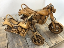 Set of handmade wooden motorcycles, lowriders.