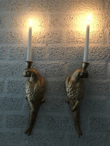 Set of cast iron parrots in gold color as wall candlesticks, beautiful and special!!