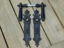 Set of door hardware for room doors - BB72 - dark brown iron with wooden handle