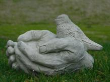 Last: bird bath - hands with bird - stone