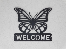 Wall ornament 'Welcome' with butterfly - metal