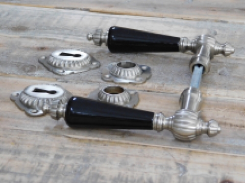 Set of door hardware - nickel - with black porcelain handles