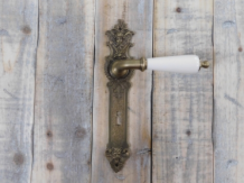 Set of door handles with long plates PZ 72 - patinated brass - handles made of porcelain