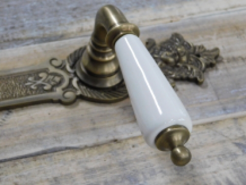 Set of door handles with long plates PZ 72 - patinated brass - handles made of porcelain