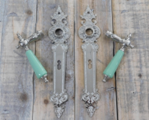 Set of door hardware - polished nickel - with pastel green porcelain handles