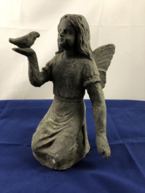 Cast iron kneeling angel with bird, heavy version, green finish