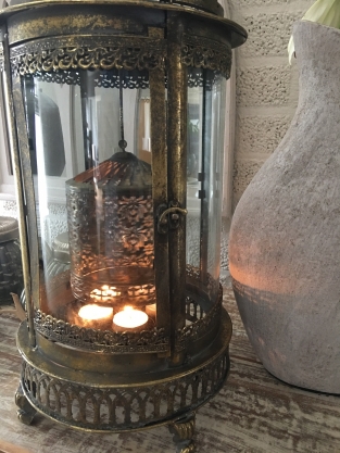 Beautiful metal lantern with separate fire hood and cut glass.