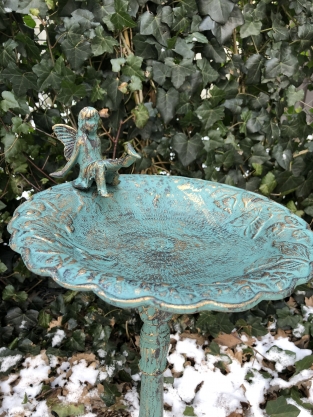 1 birdbath with sitting angel + dove, cast iron, antique green-rust-gold