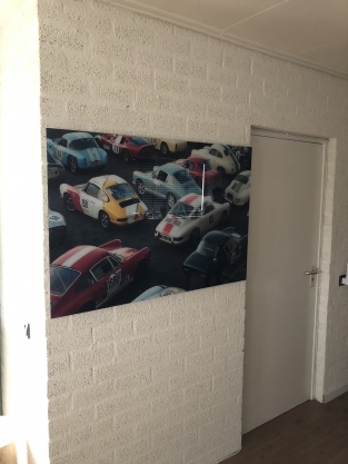 Wanddecoratie kunst op glas, Full color oldtimer & Porsche, zeer fraai!!