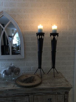 Set of beautiful standing metal castle torches with crown