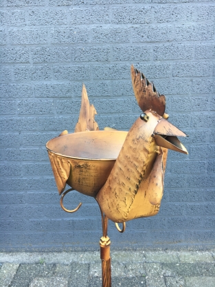 Large decorative rooster with bowl, metal