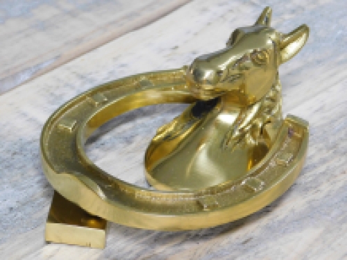 Door knocker horse head on horseshoe, brass gloss.