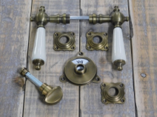 Brass door hardware, door lock for guest bathroom with porcelain handle - antique look.