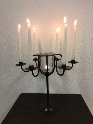 Candlestick wrought iron brown-black, 6 arms, with beautiful light glass!!