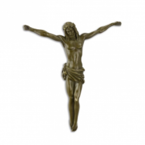 Een bronzen beeld/sculptuur van het lichaam van Christus, voor aan de wand