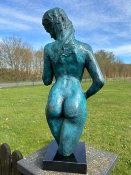 Elegant blue bronze statue of a nude woman on marble base