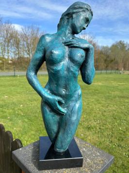 Elegant blue bronze statue of a nude woman on marble base