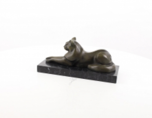 A bronze statue/sculpture of a lying cat, modernist style