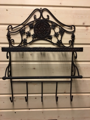 Wall rack , wrought iron, old-rust look, with 1 storage layer and 5 coat hooks.