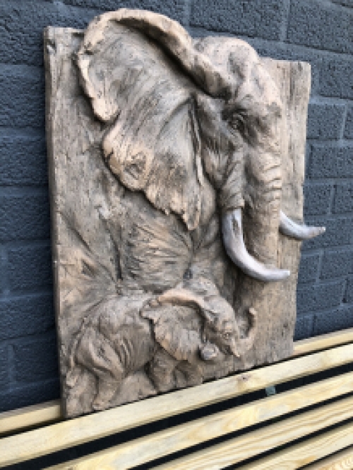 Wall ornament wood look with 3D image of 2 elephants, polystone-wood.