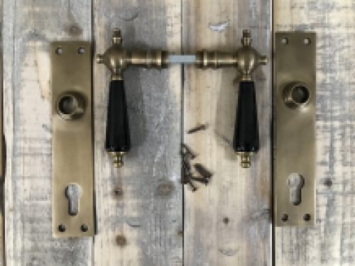 Set of door hardware - patinated brass - door plates and handles with ceramic handles