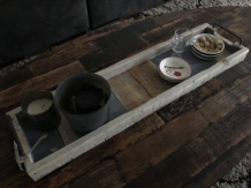 Tray made from recycled wood with sturdy metal handles