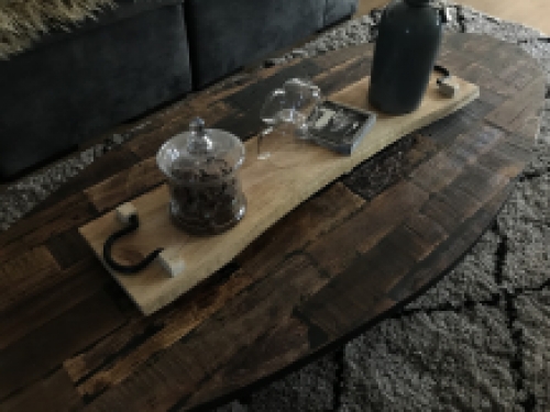 Rustic cutting board, kitchen shelf made of solid wood, tray with metal handles