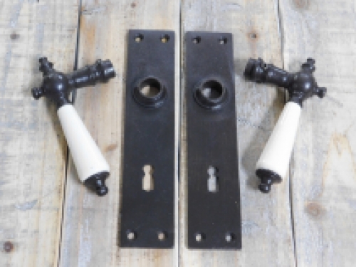 Set of door hardware - antique iron dark brown - with porcelain handles - for room doors