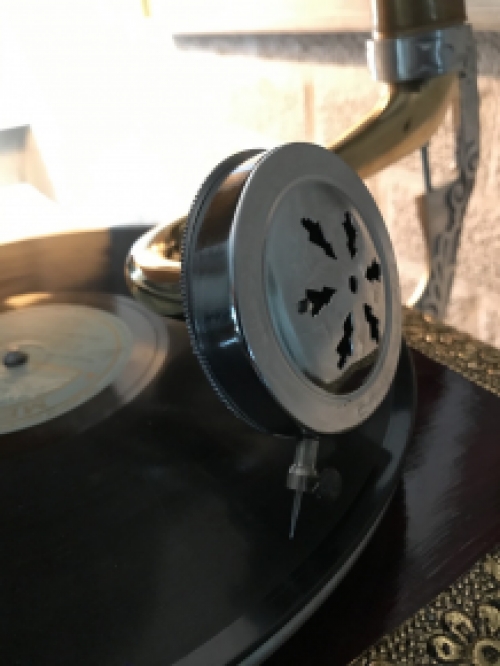 Elegantes nostalgisches Grammophon, Plattenspieler aus Messing und Holz