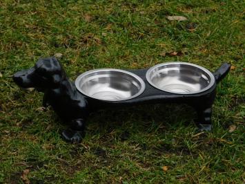 Dog as drinking and feeding bowl - cast iron - stainless steel trays - black