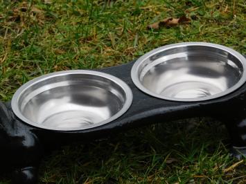 Dog as drinking and feeding bowl - cast iron - stainless steel trays - black