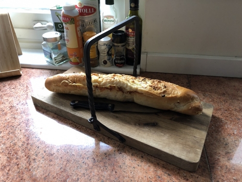 Cutting board with wrought iron bracket, Kitchen board, breakfast board, Sausage board wooden bread board .