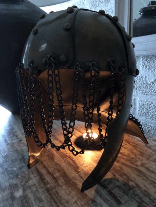 Knight's helmet copper-green, with ear protectors, old condition!