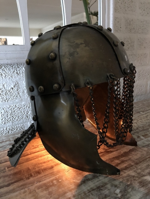 Knight's helmet copper-green, with ear protectors, old condition!