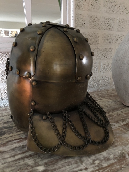 Knight's helmet copper-green, with ear protectors, old condition!