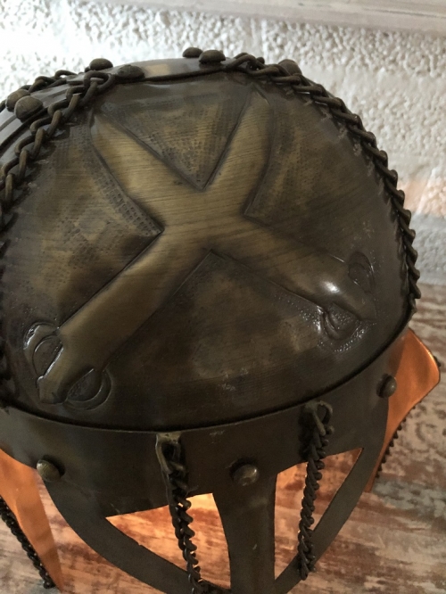 Knight's helmet copper-green, with folding ear protectors, old condition!