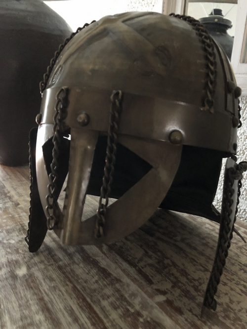 Knight's helmet copper-green, with folding ear protectors, old condition!