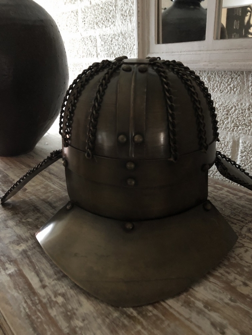 Knight's helmet copper-green, with folding ear protectors, old condition!