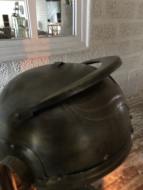 Knight's helmet copper-green-metal, with folding ear protectors, old condition!