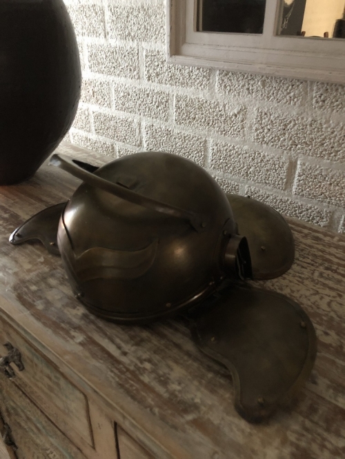 Knight's helmet copper-green-metal, with folding ear protectors, old condition!