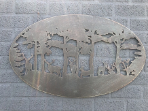 Wall ornament, wall decoration metal oval, deer in the forest.